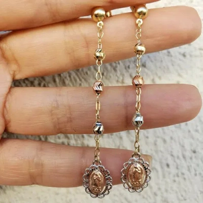 Pre-owned Handmade 14k Yellow White Rose Gold Beads Virgin Mary Long Drop Dangling Earrings 2.5"