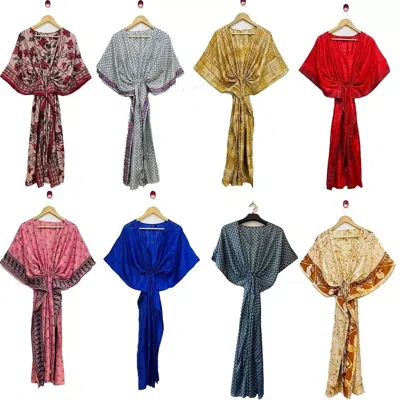 Pre-owned Handmade 15 Pcs Indian Vintage Silk Saree Long Kaftan Dress Women Nightwear Maxi Caftan In Multicolor