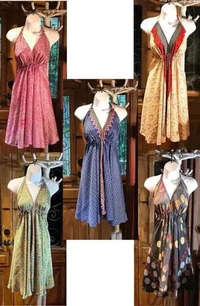 Pre-owned Handmade 20 Pc Indian Vintage Recycle Sari Silk Maxi Beach Sundress Boho Gypsy Dress In Multicolor