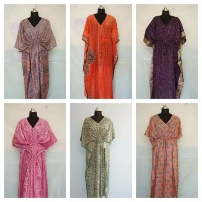 Pre-owned Handmade 20 Pcs Indian Vintage Silk Saree  Long Kaftan Dress Women Dressing Gown In Multicolor
