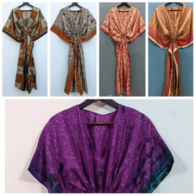 Pre-owned Handmade 20 Pcs Lot Vintage Silk Saree Kaftan Kimono Women's Holiday Silk Caftan Dress In Multicolor