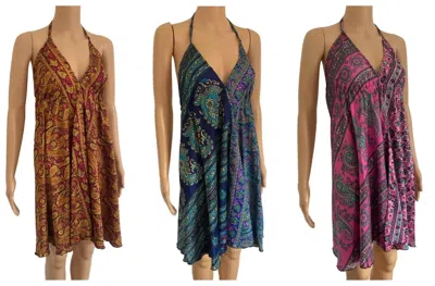 Pre-owned Handmade 20 Pcs Of Bohemian Fashion Vintage Sari Silk Maxi Dress Halter Silk Maxi Dress In Multicolor