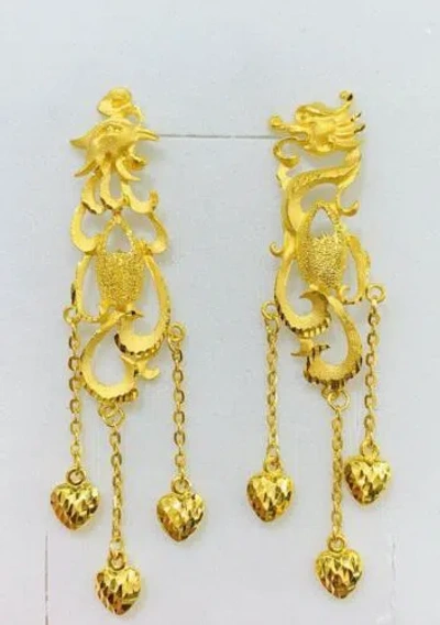 Pre-owned Handmade 24k Solid Yellow Gold Dangle Phoenix And Dragon (22k)stud Earrings 11.68grams