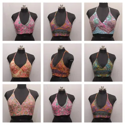 Pre-owned Handmade 25 Pcs Lot Of Indian Recycled Silk Sari Halter Neck Crop Tops 60s 70s Clothing In Multicolor