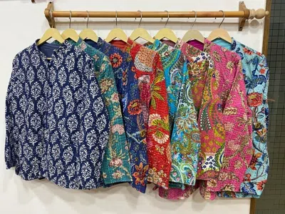 Pre-owned Handmade 5 Cotton Kantha Jacket, Indian  Quilted Coat, Women Wear Kantha Jacket In Yellow