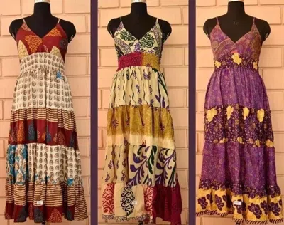 Pre-owned Handmade 50 Pc Custome Order Women Vntage Silk Sari Sundress In Multicoloured