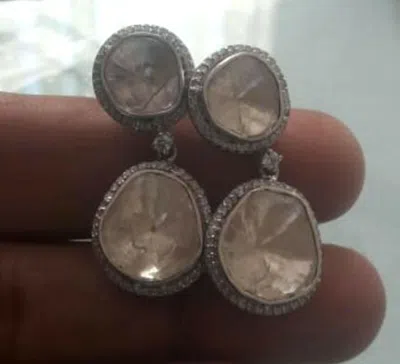 Pre-owned Handmade 925 Sterling Silver Natural Polki With Natural Pave Diamond Dangle Earring In White