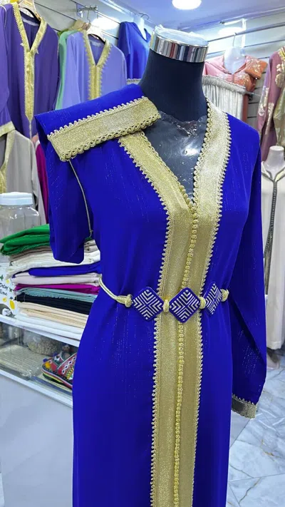Pre-owned Handmade Authentic Moroccan Women's Caftans -premium Korean Crepe- Embroidery In Blue