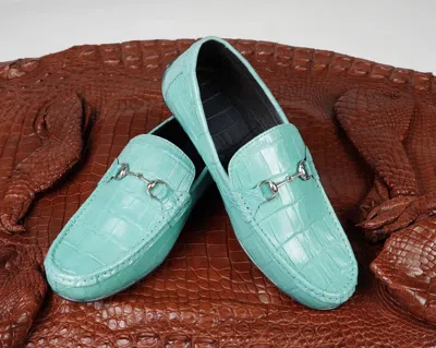 Pre-owned Handmade Baby Blue Mens Crocodile Leather Loafer Slip On Real Dress Shoes Customized Size