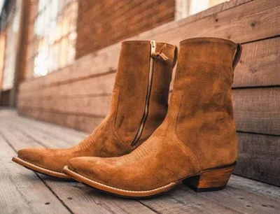 Pre-owned Handmade Bespoke  Pure Light Brown Suede Leather Cowboy Boots Zipper Boot Client