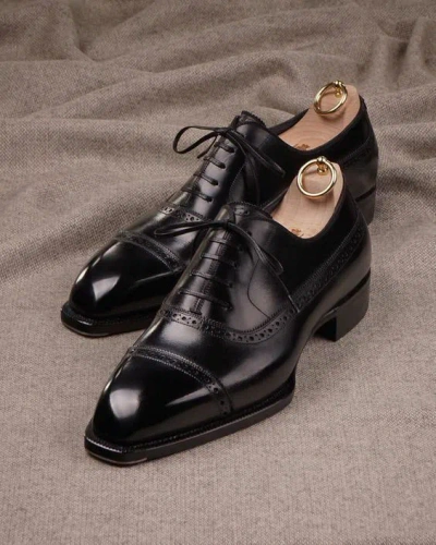 Pre-owned Handmade Bespoke Men Black Leather Oxford Dress Shoes,  Black Leather Formal Shoe