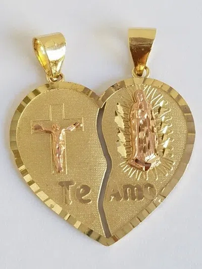 Pre-owned Handmade Big 14k Real Solid Yellow Gold 2 Piece Te Amo Jesus Split Heart Pendant Charm