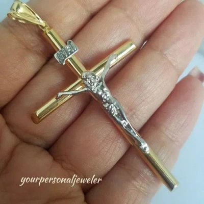 Pre-owned Handmade Big 14k Yellow White Gold Jesus Crucifix Cross Pendant Charm 2.60 Inches Long