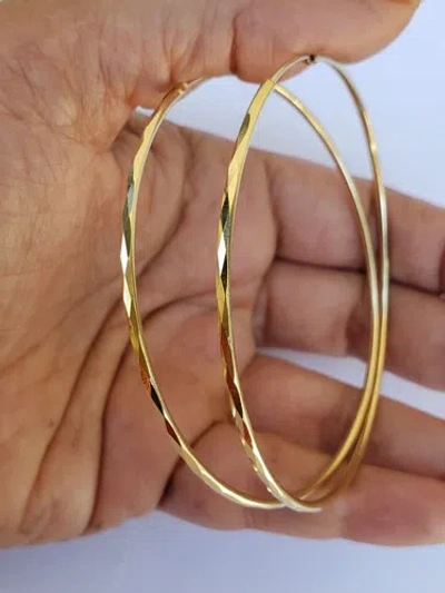 Pre-owned Handmade Big Large Diamond Cut Real 14k Yellow Goldhoop Earrings 2.75 Inches 70mm Long