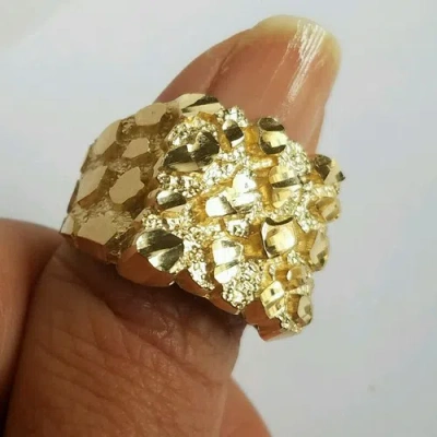 Pre-owned Handmade Big Men's 10k Yellow Gold Nugget Ring Size 9 10 11 12 In White