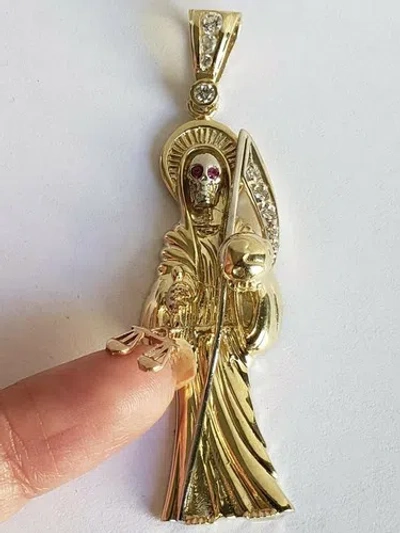 Pre-owned Handmade Big Real 14k Yellow Gold Santa Muerte Grim Reaper Pendant Angel Of Death 2.75" In White