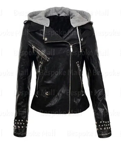 Pre-owned Handmade Black Biker Slim Fit Silver Small Studded  Hooded Leather Jacket-197