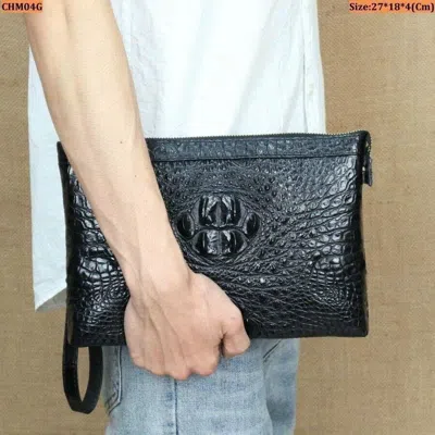 Pre-owned Handmade Black Genuine Croco.dile/gator Leather Skin Men's Crossover Bags,men's Handbags