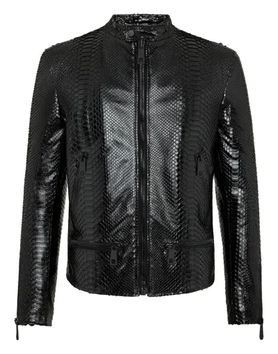 Pre-owned Handmade Black Genuine Python Skin Men's Exotic Leather Luxury  Moto Jacket