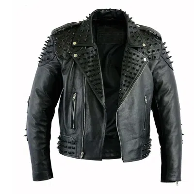 Pre-owned Handmade Black Gothic Style Studded Leather Jacket For Men, Rock Punk Leather Jackets