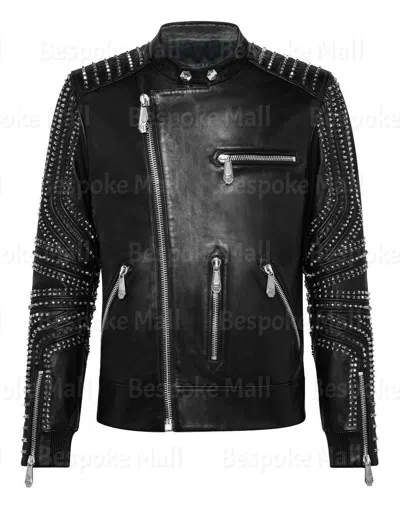 Pre-owned Handmade Black Men's Genuine Leather Motorcycle Biker Jacket With Studs-163