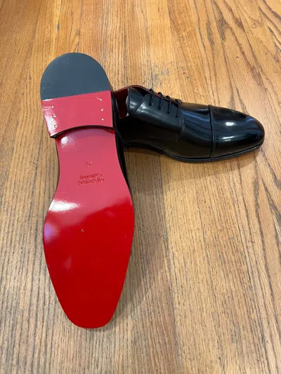 Pre-owned Handmade Black Polish Oxford Calf Skin Lace Up With Red Patent Mirror Sole. Made In Italy