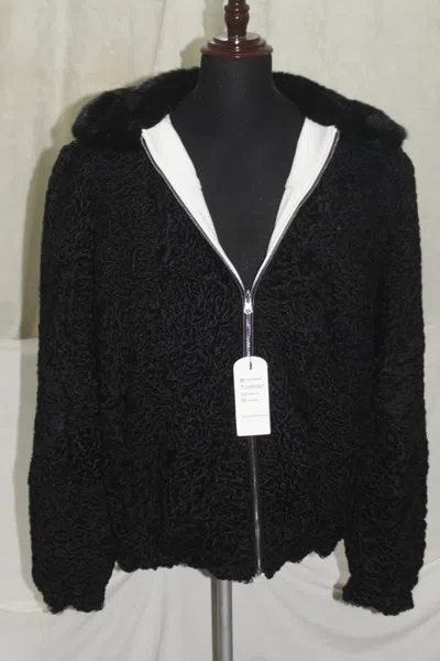 Pre-owned Handmade Black Reversible Real Persian Lamb Fur Coat Real Mink Fur Collar All Sizes