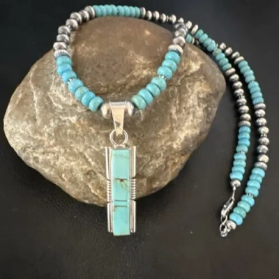 Pre-owned Handmade Blue Kingman Turquoise Inlay Pendant Navajo Sterling Silver Necklace 21” 16930