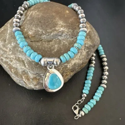 Pre-owned Handmade Blue Kingman Turquoise Pendant Navajo Sterling Silver Necklace 21” 16933