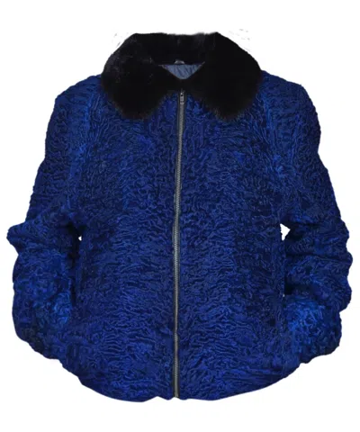 Pre-owned Handmade Blue Real Persian Lamb Fur Bomber Jacket All Sizes Pre Sale Astrakhan Swakara