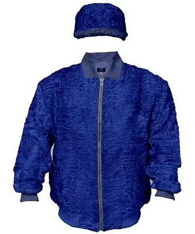 Pre-owned Handmade Blue Real Persian Lamb Fur Bomber Sports Baseball Jacket Coat All Sizes