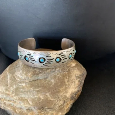 Pre-owned Handmade Blue Turquoise Navajo Sterling Silver Shadow Box Bear Paw Cuff Bracelet 12876