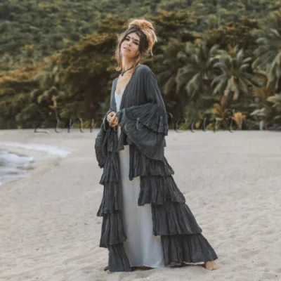 Pre-owned Handmade Boho Bali Maxi Tiered Ruffled Duster Plus-2 Size In Gray