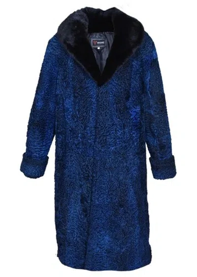 Pre-owned Handmade Brand Blue Real Persian Lamb Fur Long Coat Mink Fur Collar All Sizes Colors In Blue And Others