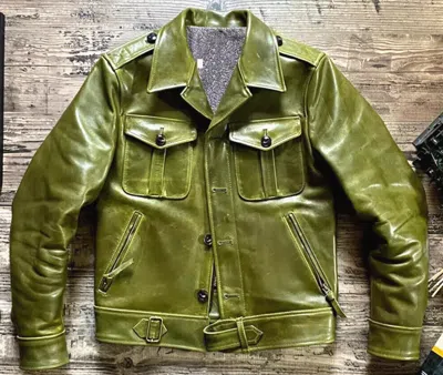 Pre-owned Handmade Brand Vintage 90's Cowhide Green Waxed Leather Jacket Men Gun Club Free Ship
