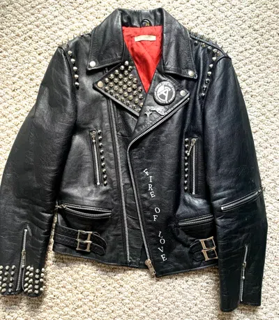 Pre-owned Handmade Brand Vintage 90's Punk Spiked Studded Leather Jacket Men Gun Club Free Ship In Black