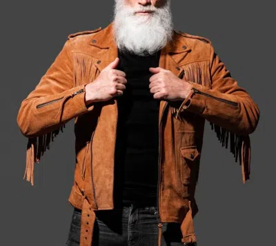 Pre-owned Handmade Brand Vintage Men's Suede Leather Belted Jacket - Western Style Cowboy Fringe, In Brown