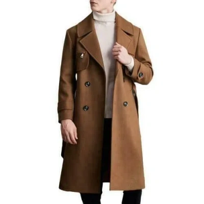 Pre-owned Handmade British Mens Long Wool Trench Coats Belt Double Breasted Casual Business Jacket In Brown
