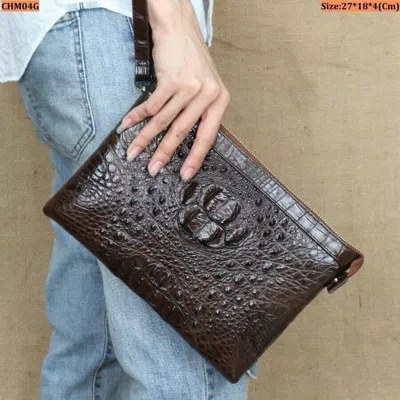 Pre-owned Handmade Brown Genuine Croco.dile/gator Leather Skin Men's Crossover Bags,men's Handbags
