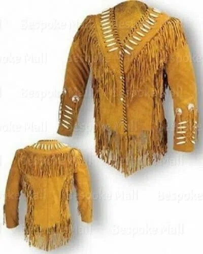 Pre-owned Handmade Brown Women's Western Beads Suede Leather Jacket Cowgirl Fringed Jacket-757