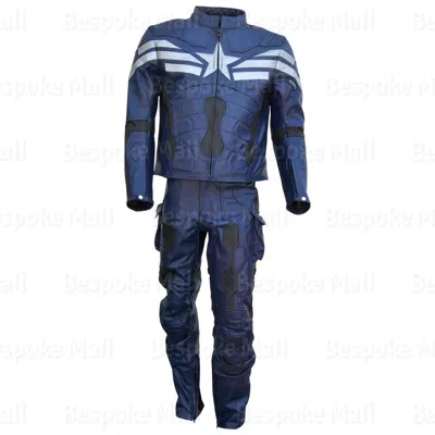 Pre-owned Handmade Captain America Soldier Biker Leather Two Piece Suit With Safety Armour-470 In Blue