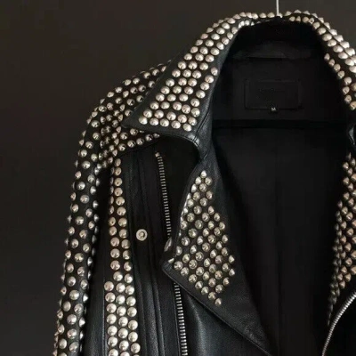 Pre-owned Handmade Classic Men Black Leather Silver Studded Punk Style Jacket, Men Studded Jacket