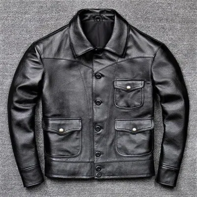 Pre-owned Handmade Cow Leather Black Jacket Vintage Hollywood Style Button Jacket Free Shipping