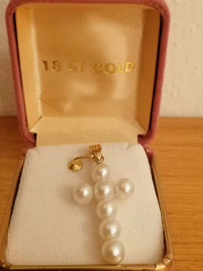 Pre-owned Handmade Cross Natural Pearls Solid 18kt Gold Baptism First Communion Christening Gift In White