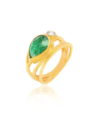 Pre-owned Handmade Ct Natural Diamond Emerald Statement Wedding Ring 14k Yellow Gold Fine Jewelry