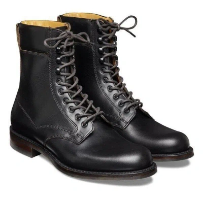 Pre-owned Handmade Custom Made Black Calf Leather Ankle Boots, Derby Marching Lace-up  Boot