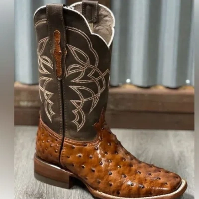 Pre-owned Handmade Custom Made Cowboy Ostrich Print Brown Leather Western Ankle  Men Boots