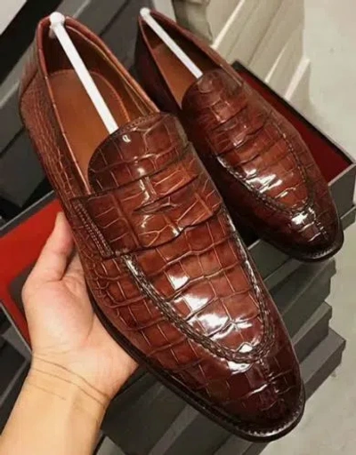 Pre-owned Handmade Custom Made Mens Alligator Brown Leather Moccasins Shoe, Men Dress/formal Shoes