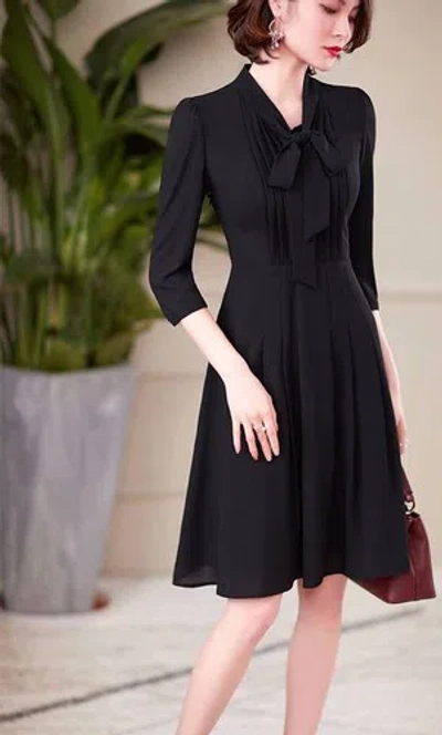 Pre-owned Handmade Custom Made To Order 3/4 Sleeve Tie-neck A-line Chiffon Dress Plus1x-10xy712 In Black