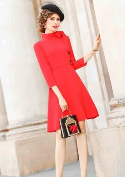 Pre-owned Handmade Custom Made To Order 3/4 Sleeve Tie-neck Bow A-line Daily Dress Plus 1x-10x L304 In Red